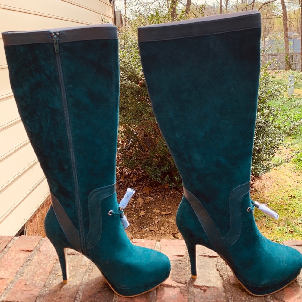 Dark green suede knee high boots